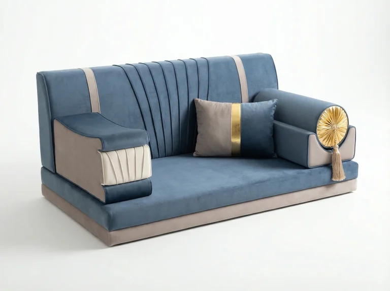 Steel blue and taupe velvet Arabic majlis with a fan-pleated backrest and a bolster finished with a gold rosette