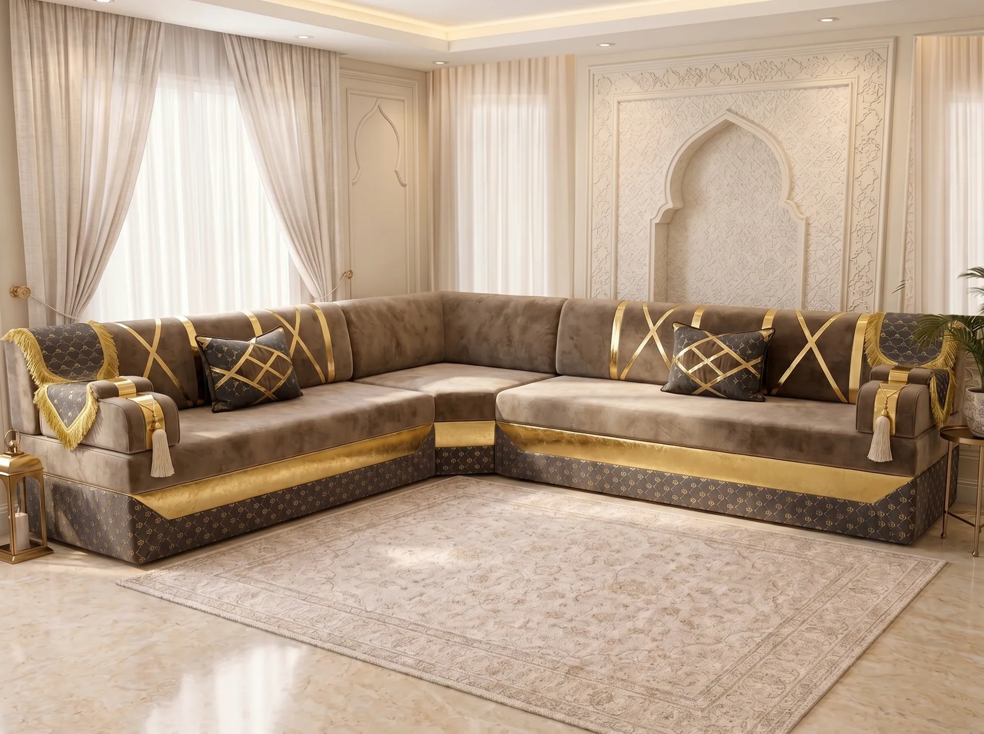 L-shaped taupe velvet Arabic majlis with gold crossed straps, gold fringe and a patterned charcoal base