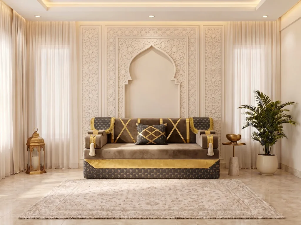 Single taupe velvet Arabic majlis seat with gold crossed straps, a gold band and a dotted charcoal base