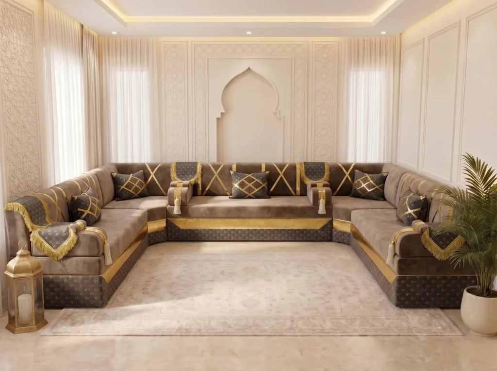 Taupe velvet Arabic majlis with gold cross bands in a U shape around a cream rug, facing an arched niche