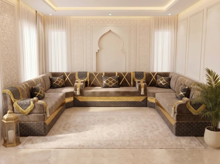 Taupe velvet Arabic majlis with gold cross bands in a U shape around a cream rug, facing an arched niche