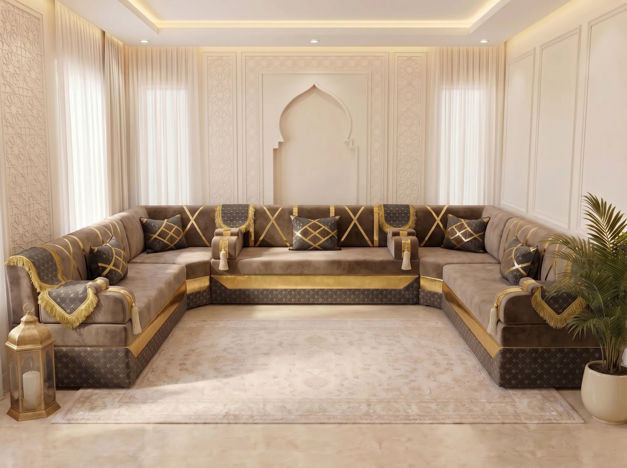 Taupe velvet Arabic majlis with gold cross bands in a U shape around a cream rug, facing an arched niche