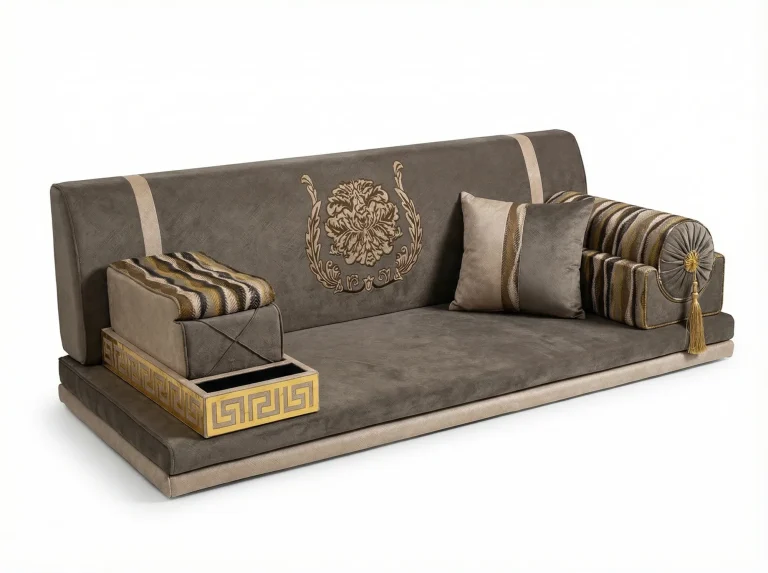 Taupe grey velvet majlis sofa set piece with an embroidered flower wreath, wavy-stripe armrests and a gold key tray