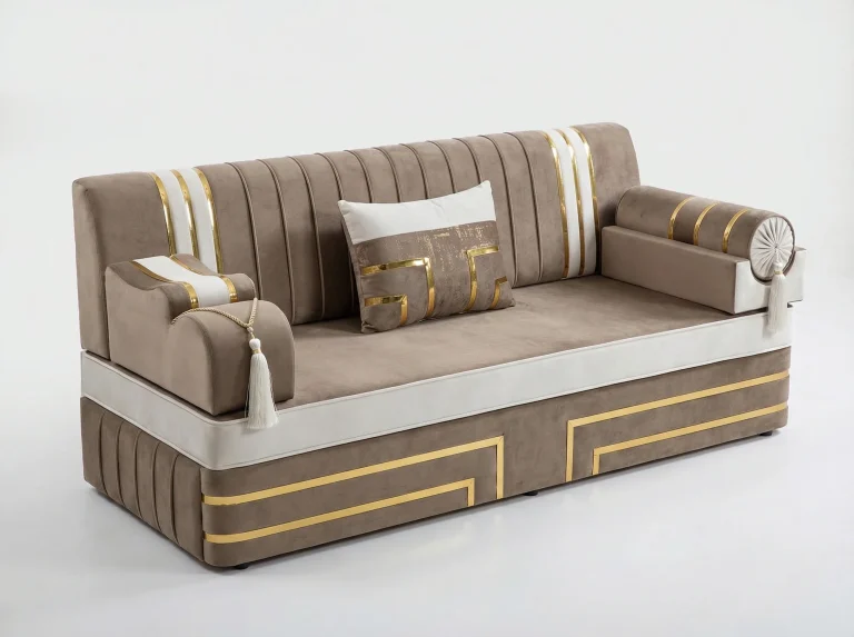 Taupe velvet Arabic majlis unit with an ivory seat band, gold inlay lines on the base and a tasselled scroll armrest