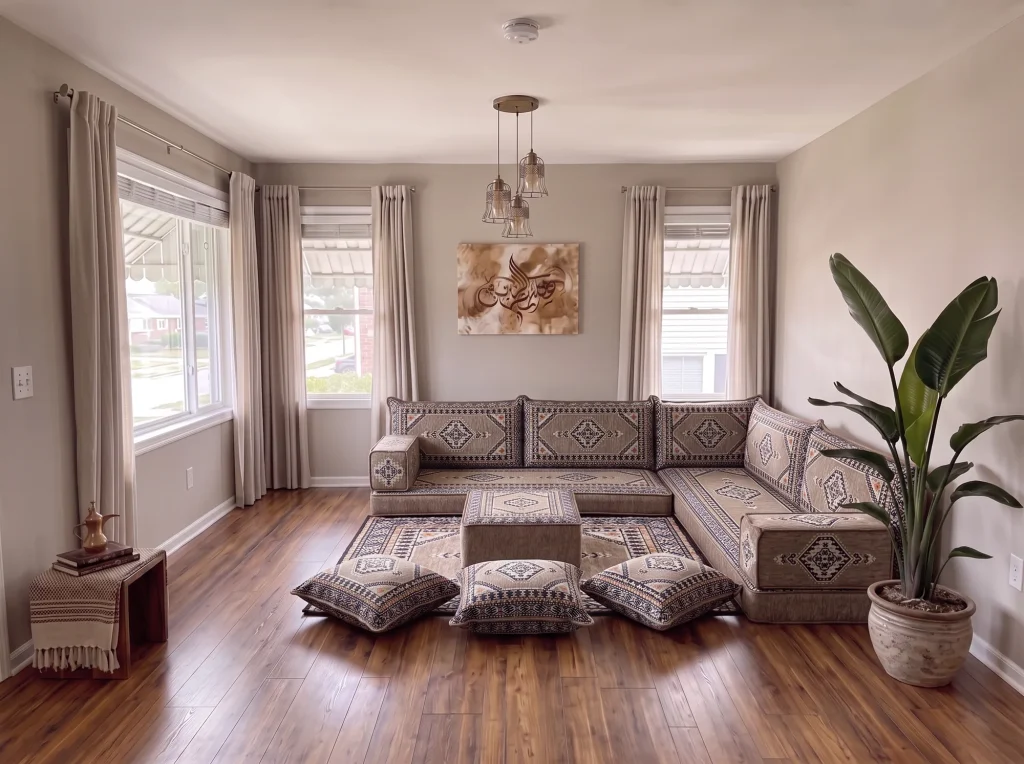 Taupe and black kilim L-shaped Arabic sofa with rug, ottoman and floor cushions in a sunlit living room