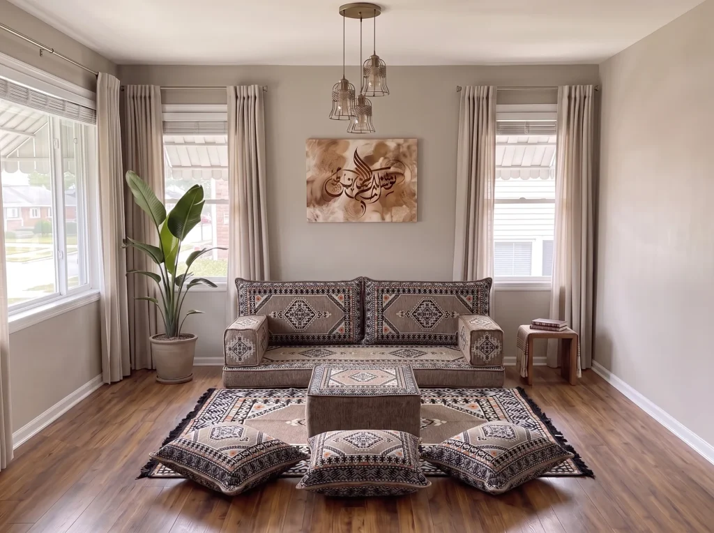 Taupe and black kilim single-row floor sofa set with rug, ottoman and floor cushions in a sunlit living room, close view