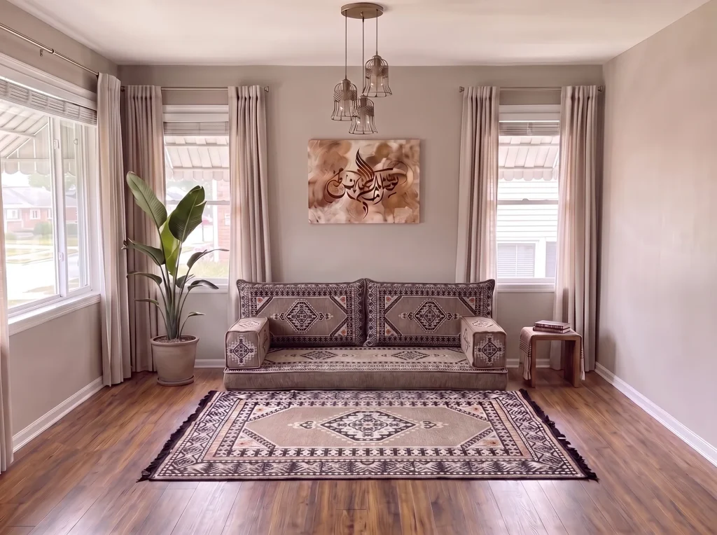Taupe and black kilim single-row floor seating set with a matching fringed rug in a sunlit living room