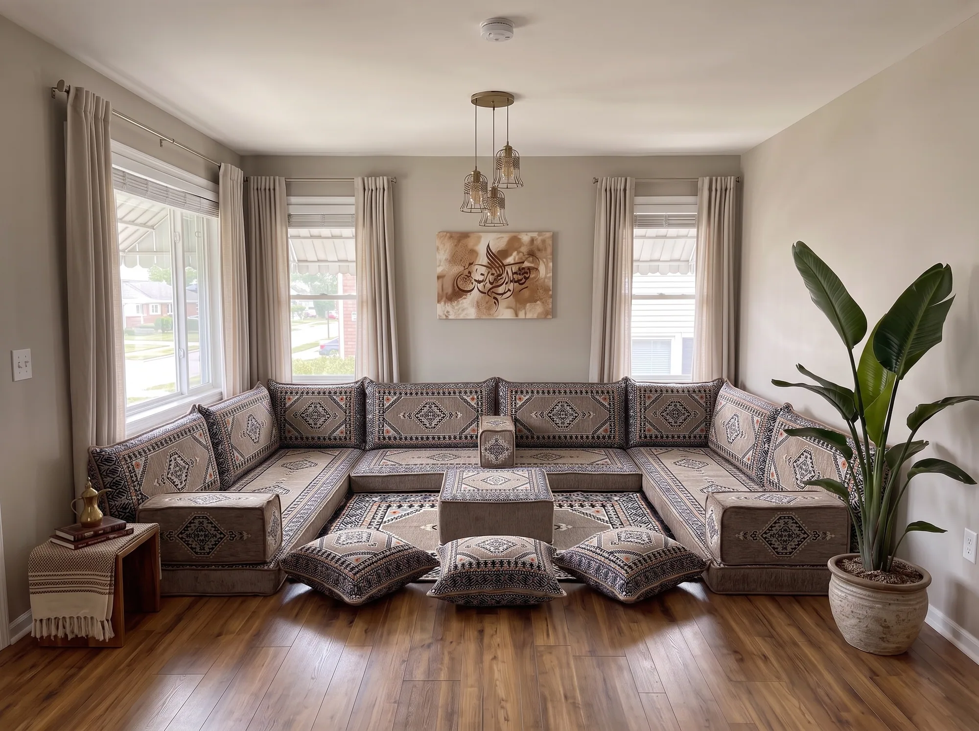 Taupe and black kilim U-shaped floor sofa set with rug, ottoman and floor cushions in a sunlit living room