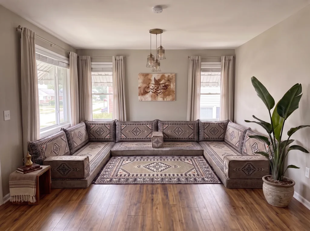 Taupe and black kilim U-shaped Arabic floor sofa with a matching fringed rug in a sunlit living room with a tall potted plant