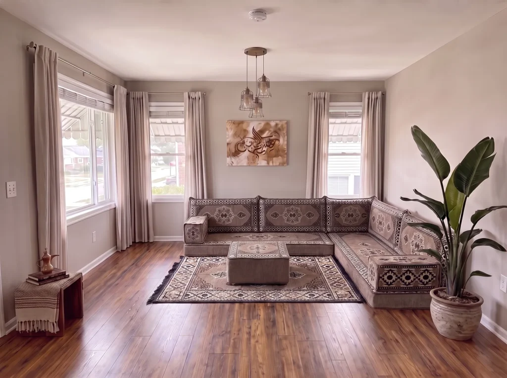 Taupe medallion L-shaped Arabic floor sofa with matching rug and ottoman in a neutral living room