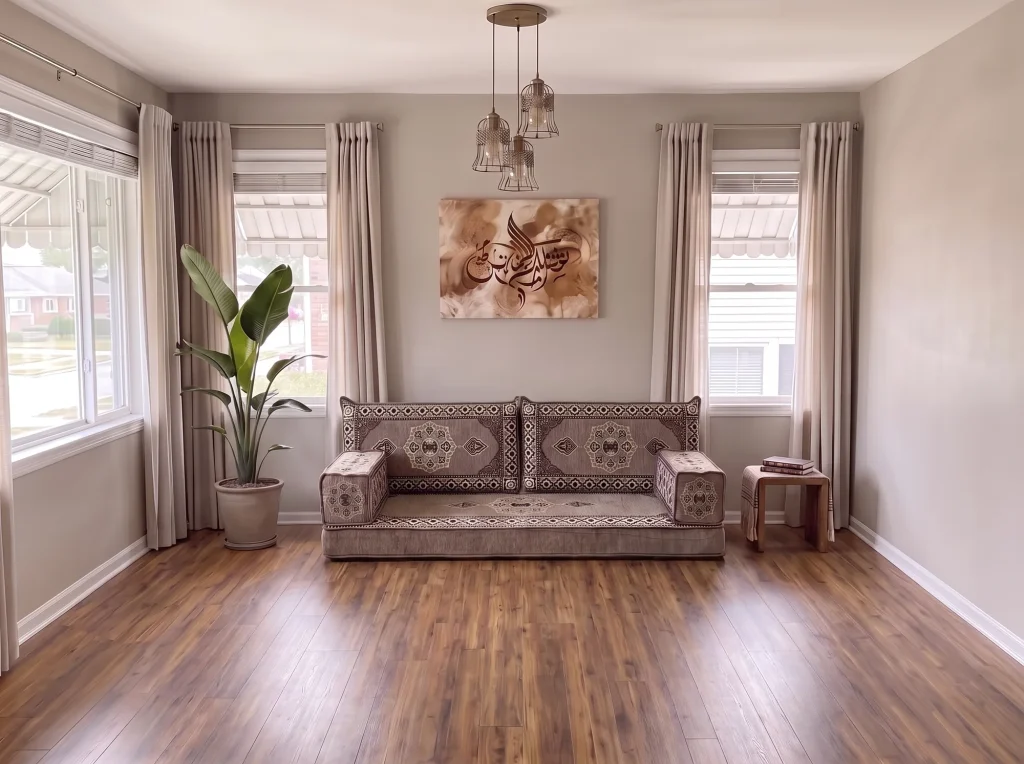 Taupe medallion single-row floor seating set on a bare wood floor in a neutral living room