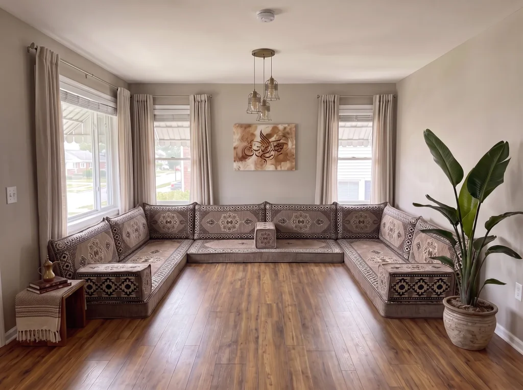 Taupe medallion U-shaped floor sofa set on a bare wood floor in a neutral living room with calligraphy art and pendant lamps