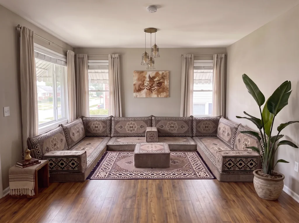 Taupe medallion U-shaped Arabic floor sofa with matching rug and ottoman in a neutral living room