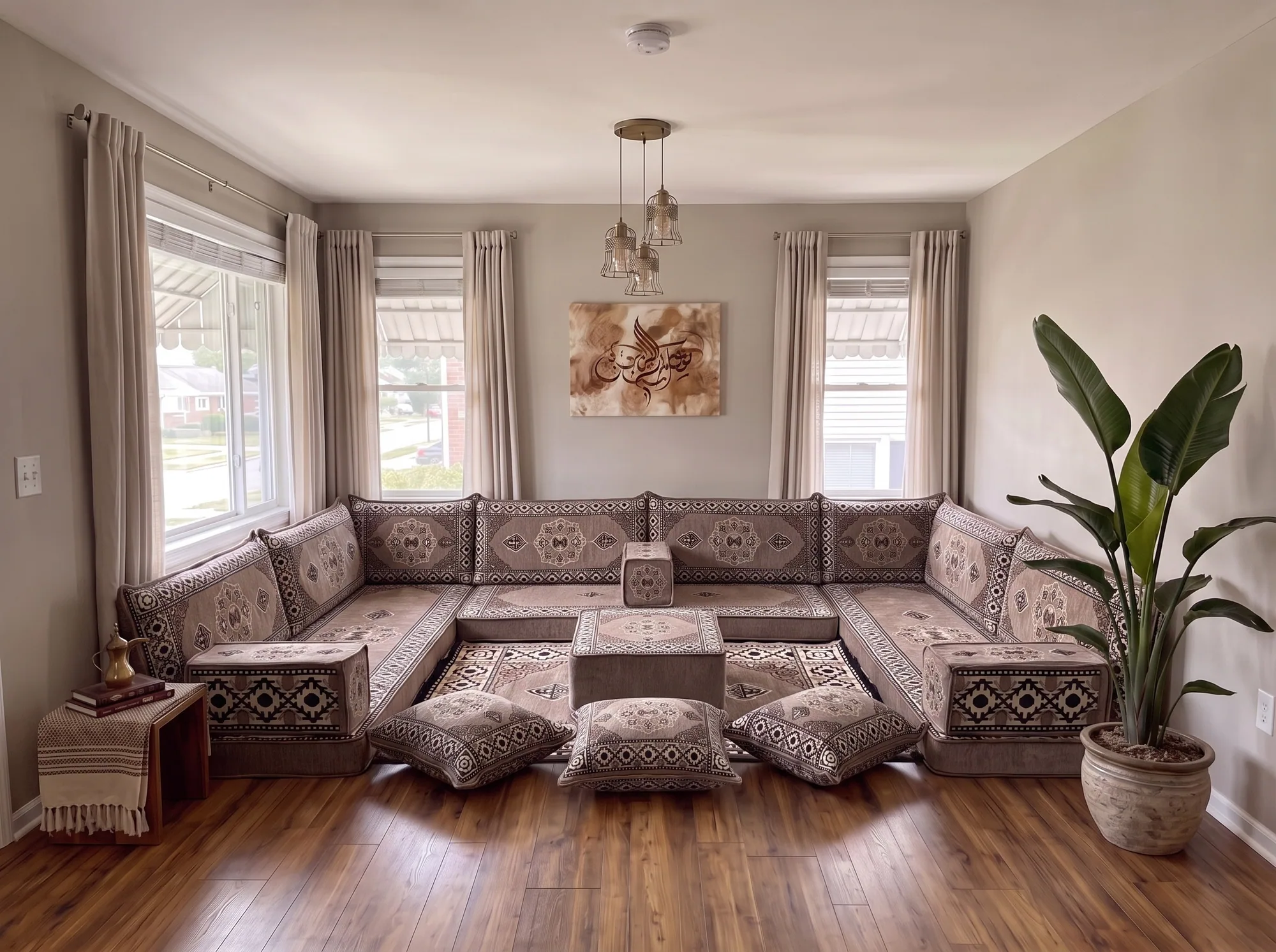 Taupe medallion floor sofa set in a U shape with ottoman, matching rug and three floor cushions in a living room