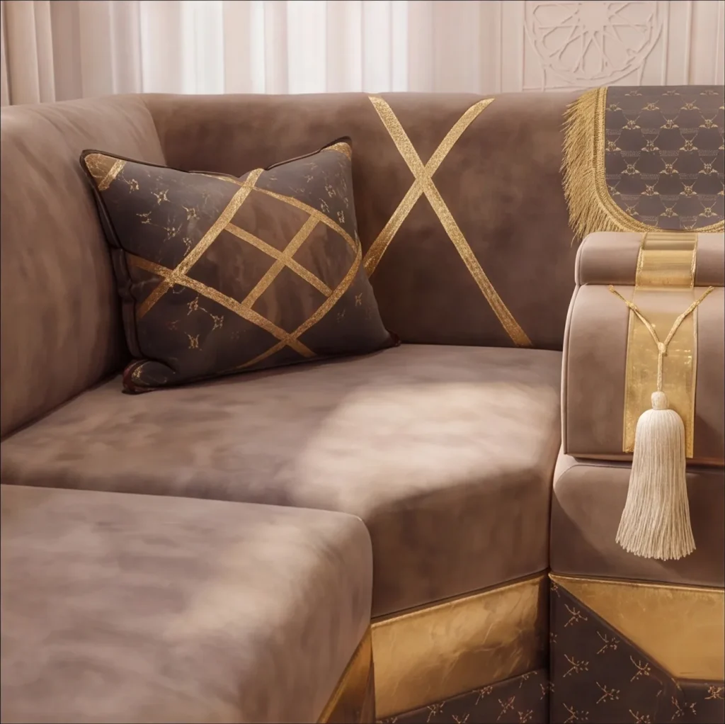 Close-up of a taupe velvet majlis sofa set corner with a gold-lattice cushion and a cream tassel armrest