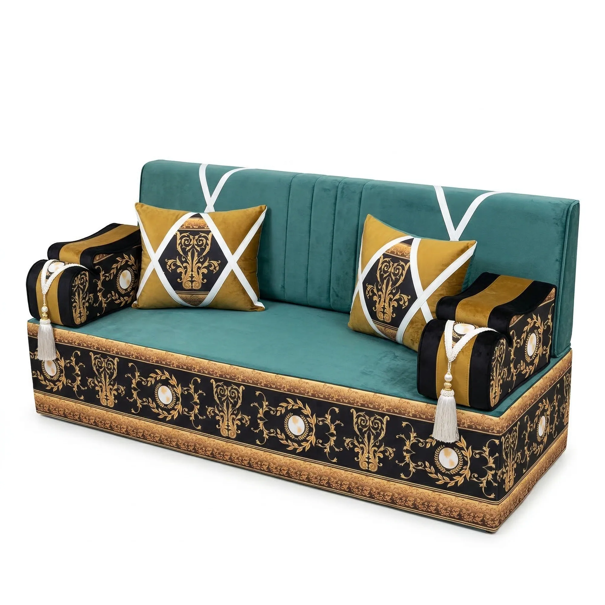 Teal velvet majlis sofa unit with a black and gold baroque-print base, matching armrests and two mustard cushions