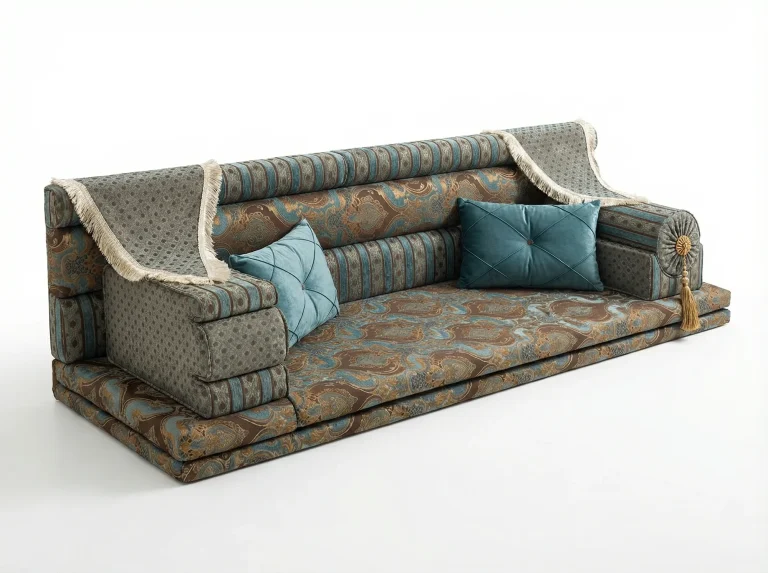 Teal and brown ornamental brocade Arabic majlis with striped bolsters, fringed taupe throws and two teal cushions