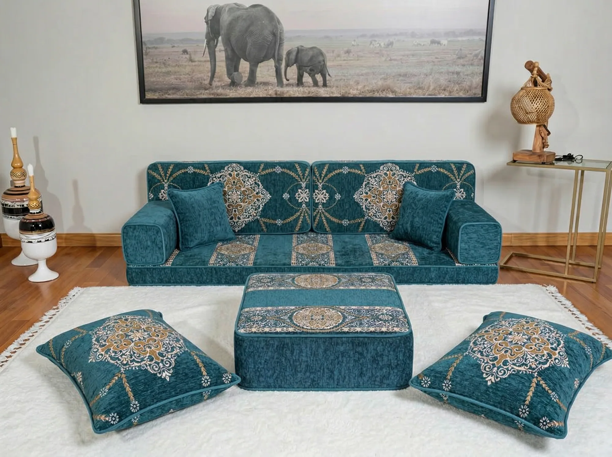 Teal chenille Arabic floor sofa with gold medallion cushions, matching ottoman and two floor cushions