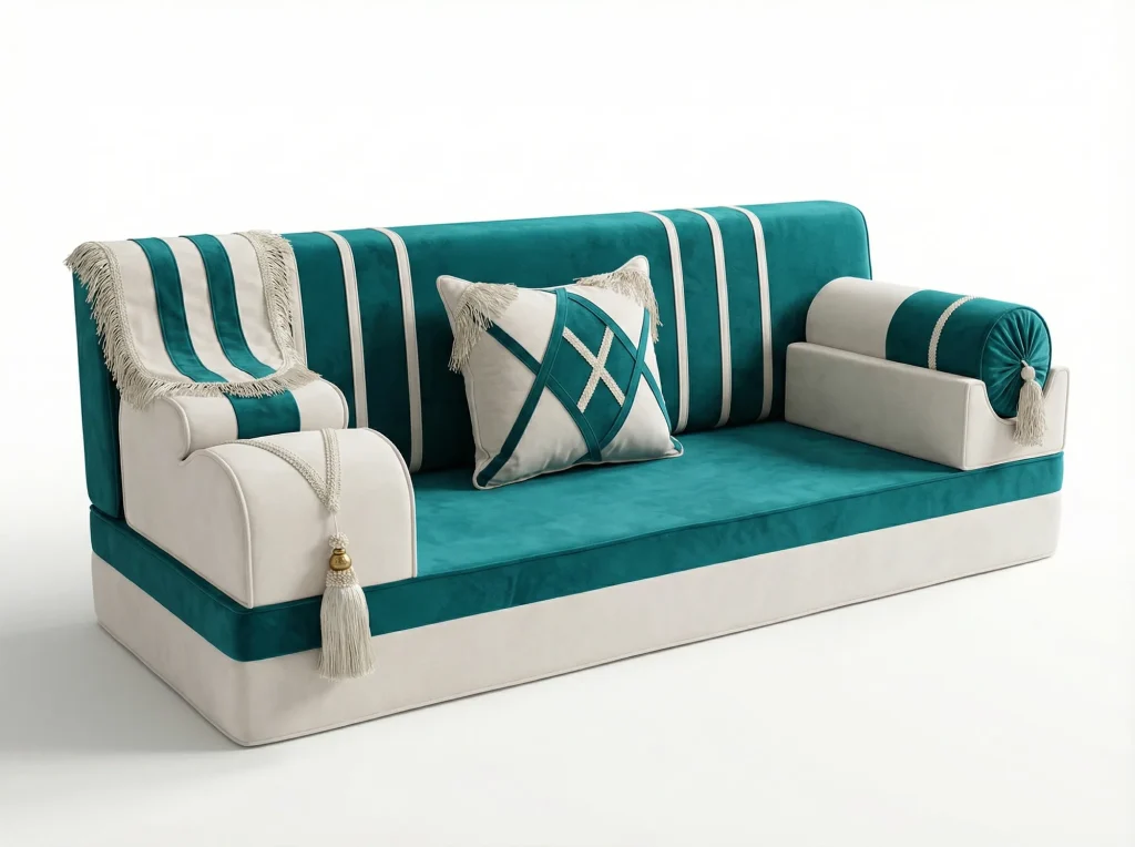 Teal and cream velvet Arabic jalsa with a striped back, a fringed throw over one armrest and a tasselled bolster