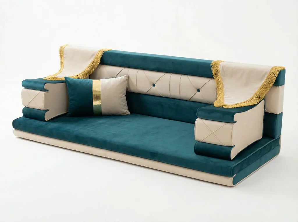 Low teal and cream velvet Arabic majlis seat with a button-tufted back and cream throws edged in gold fringe