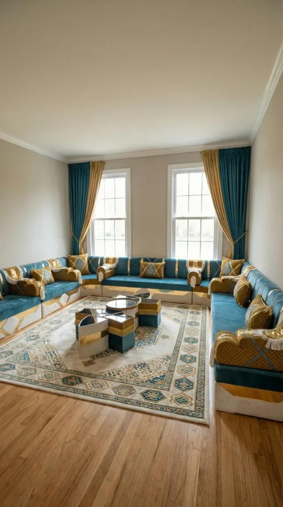 Teal velvet Arabic majlis with gold quilted armrests in a U shape around a geometric coffee table