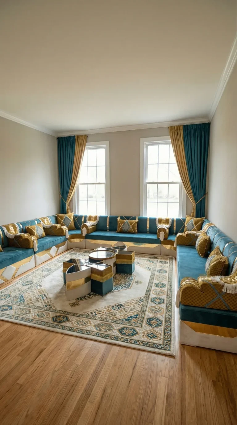 Teal velvet Arabic majlis with gold quilted armrests in a U shape around a geometric coffee table