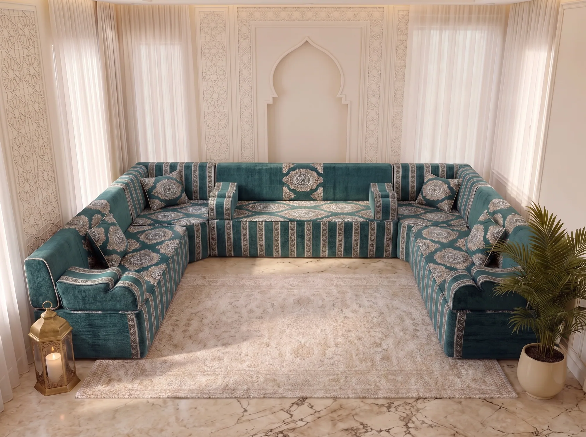 Teal velvet Arabic majlis in a U shape with medallion cushions and striped bases around a cream rug