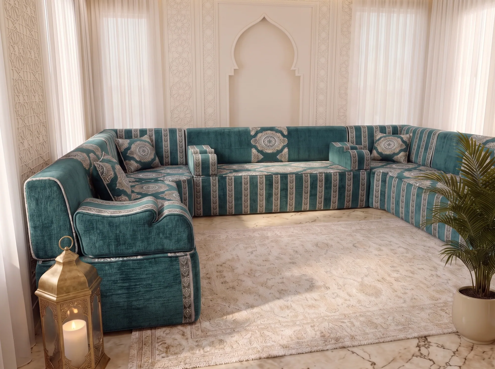 Low corner view of a teal velvet majlis sofa set showing the scroll armrest and silver striped trim