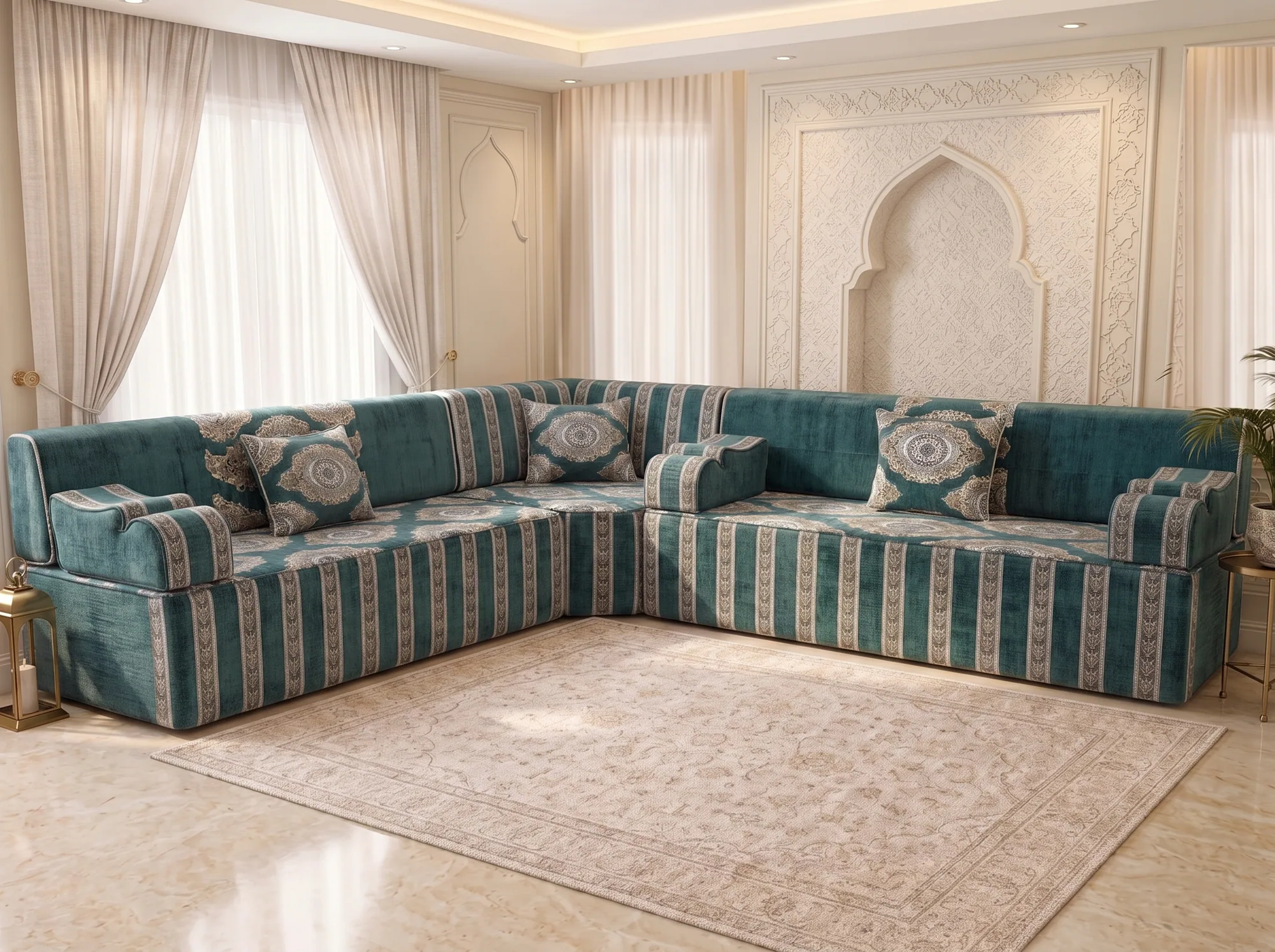 L-shaped teal velvet Arabic majlis with ivory striped base and medallion cushions on marble