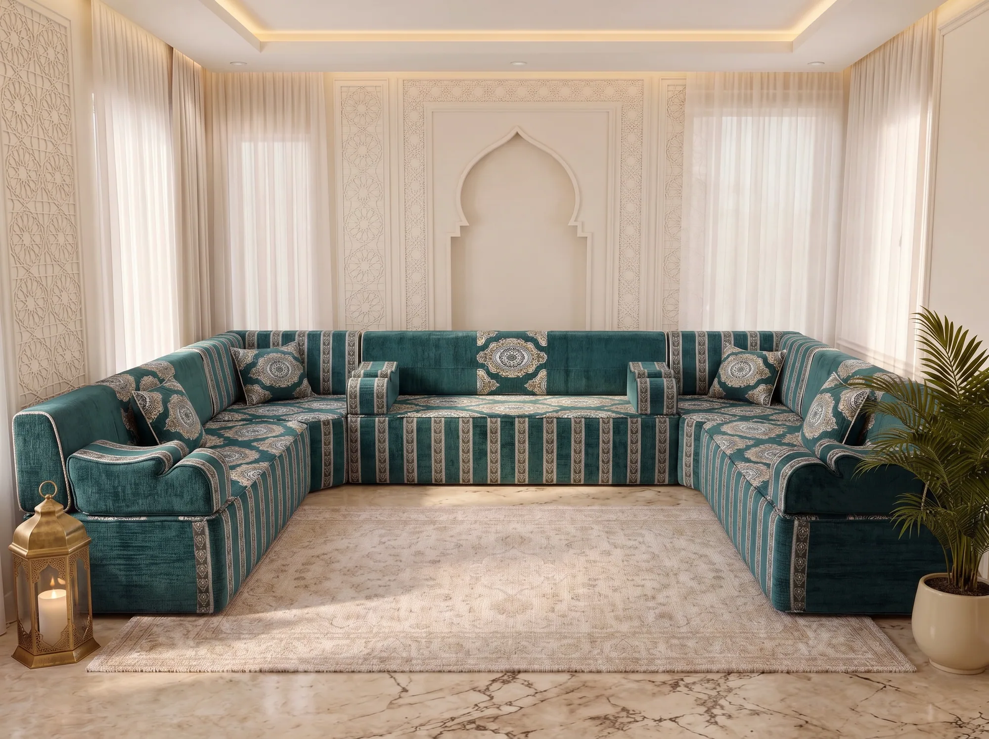 Teal velvet U-shaped Arabic majlis with ivory medallion cushions and striped base around a cream rug