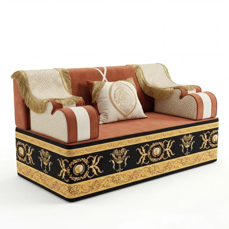 Terracotta velvet Arabic jalsa unit on a tall black and gold baroque-print base with gold-fringed ivory arm throws