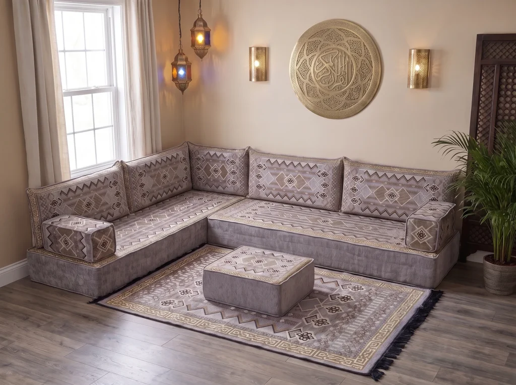 Thick gray and gold kilim-pattern floor sofa set in an L shape with matching rug and ottoman below a brass wall plate
