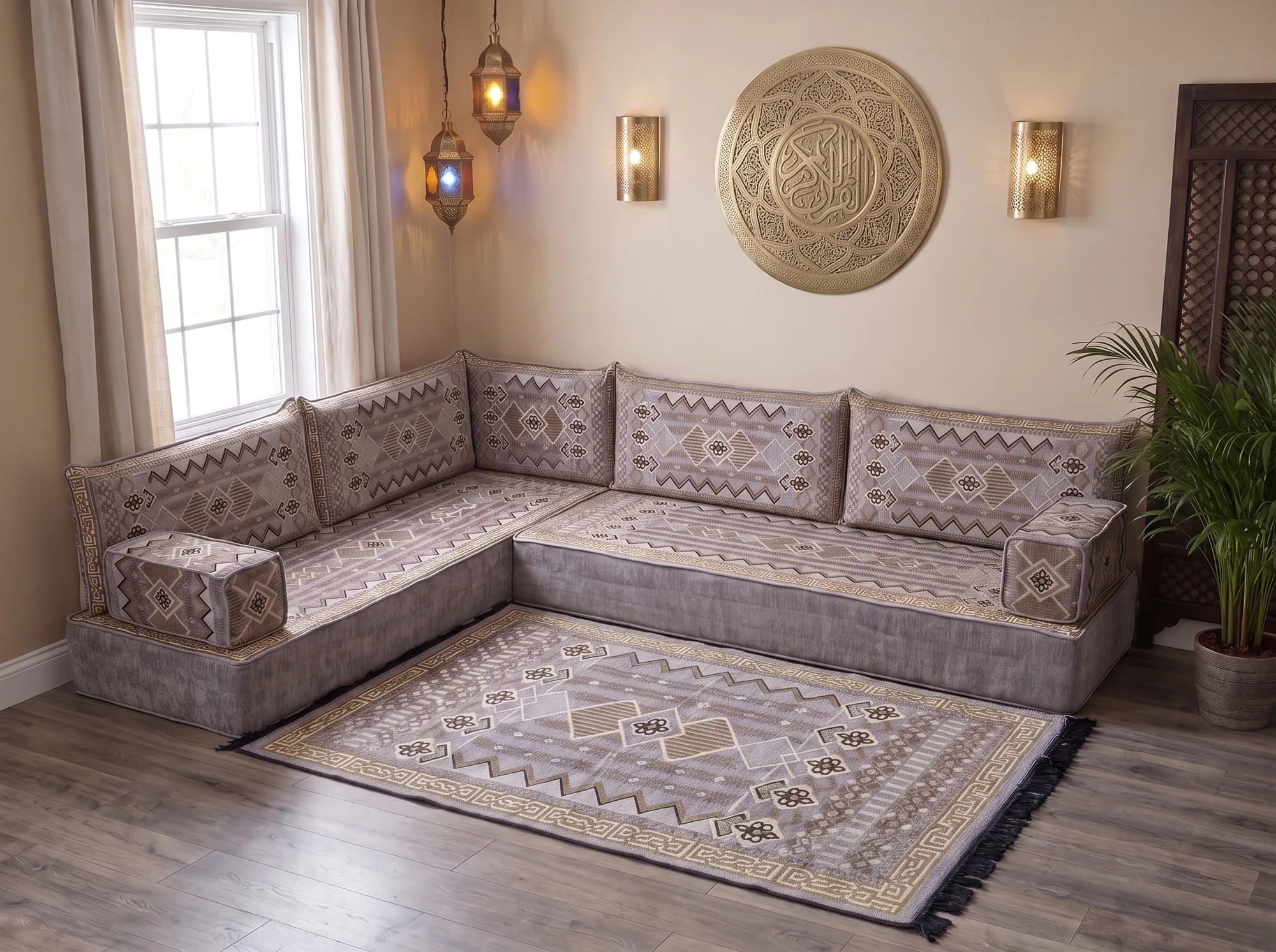 Thick gray and gold kilim Arabic floor couch in an L shape with a matching kilim rug under a brass calligraphy wall plate