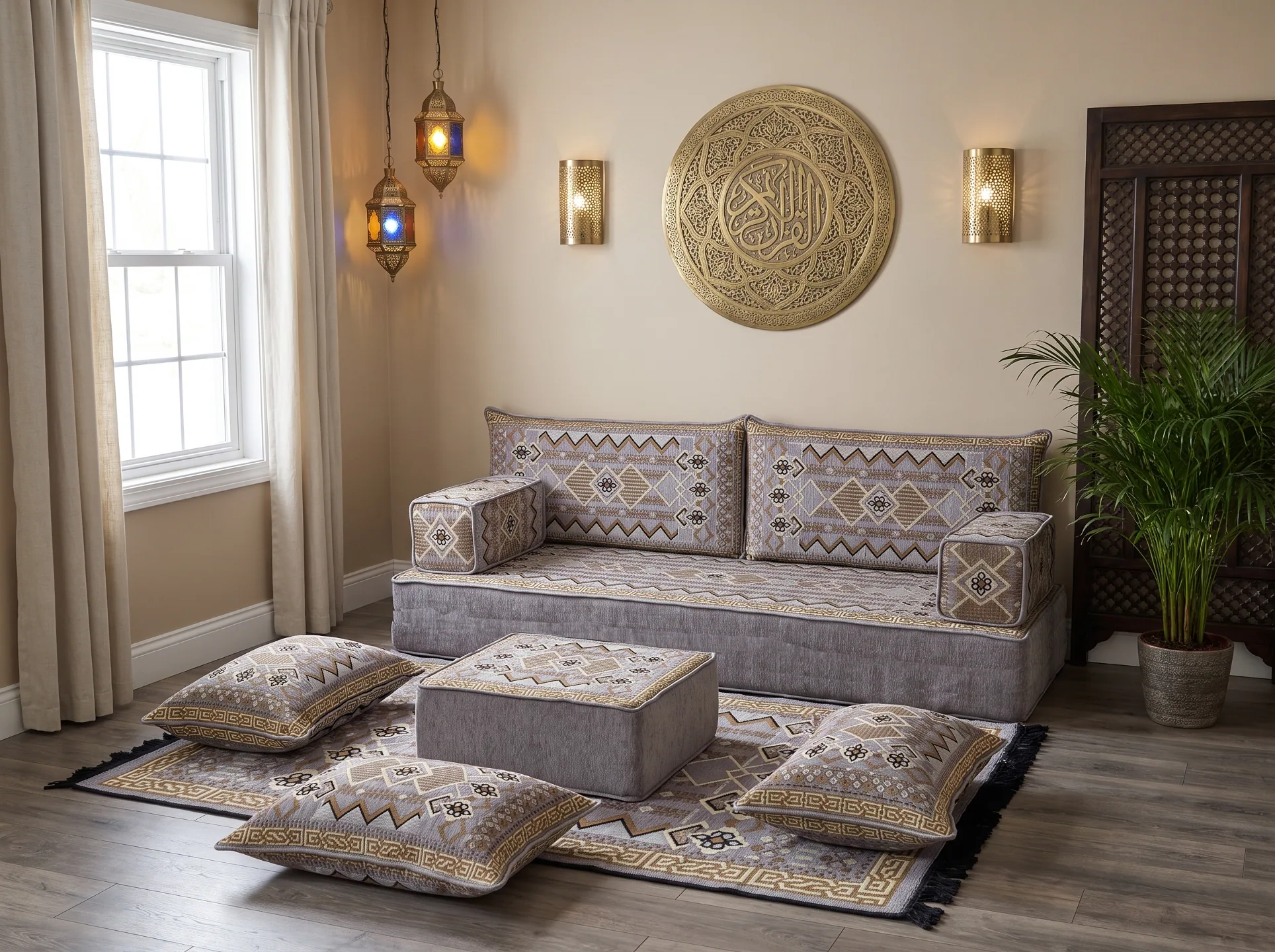 Thick gray and gold kilim-pattern Arabic floor sofa as a single row with rug, ottoman and floor cushions