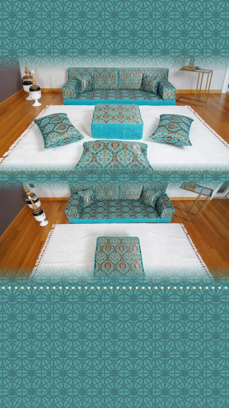 Turquoise Arabic floor sofa with bronze Ottoman tulip-medallion fabric, pouf and three floor cushions on a white rug