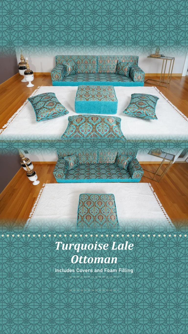 Turquoise tulip-pattern Arabic floor couch in a single row, with a matching ottoman on a white fringed rug