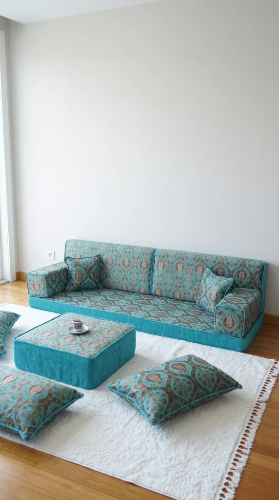 Turquoise Arabic sofa with tulip-motif fabric, ottoman and floor cushions on a white fringed rug