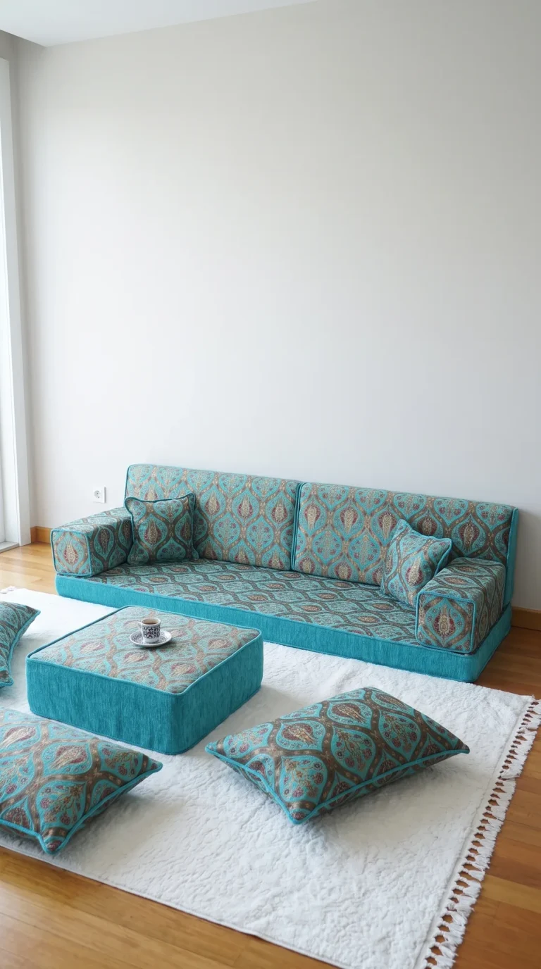 Turquoise Arabic sofa with tulip-motif fabric, ottoman and floor cushions on a white fringed rug