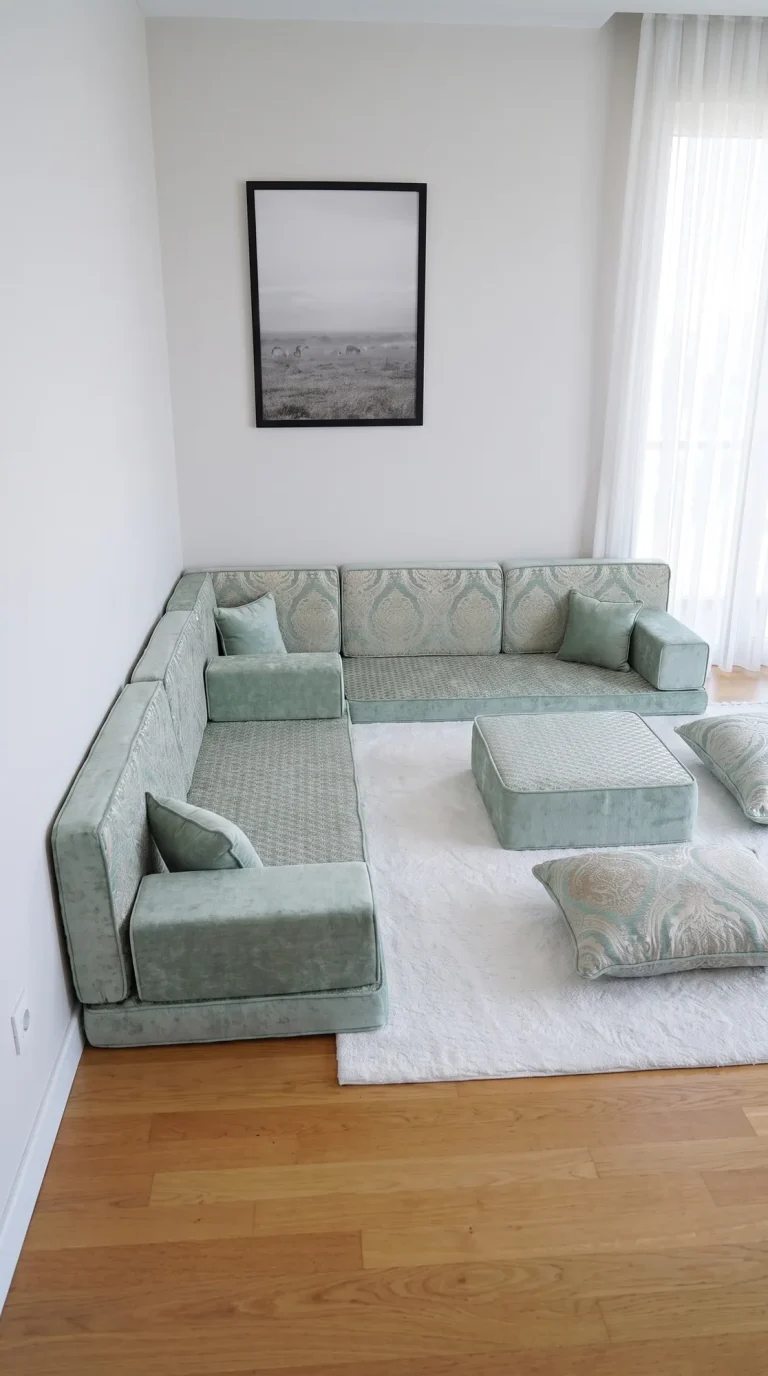 Water-green velvet diwan floor sofa with cream damask back cushions along two walls beside a white rug