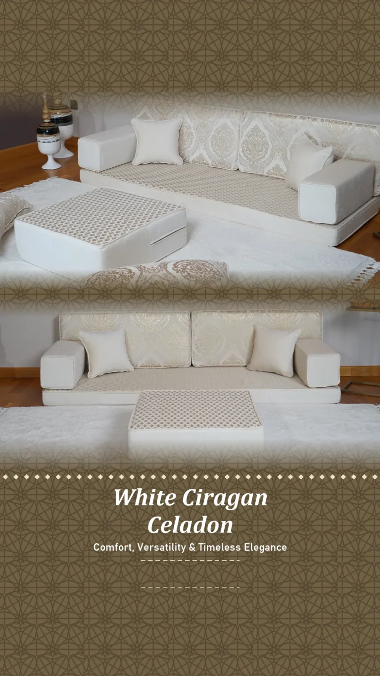 White and champagne damask floor seating set in a single row, shown at an angle and from the front