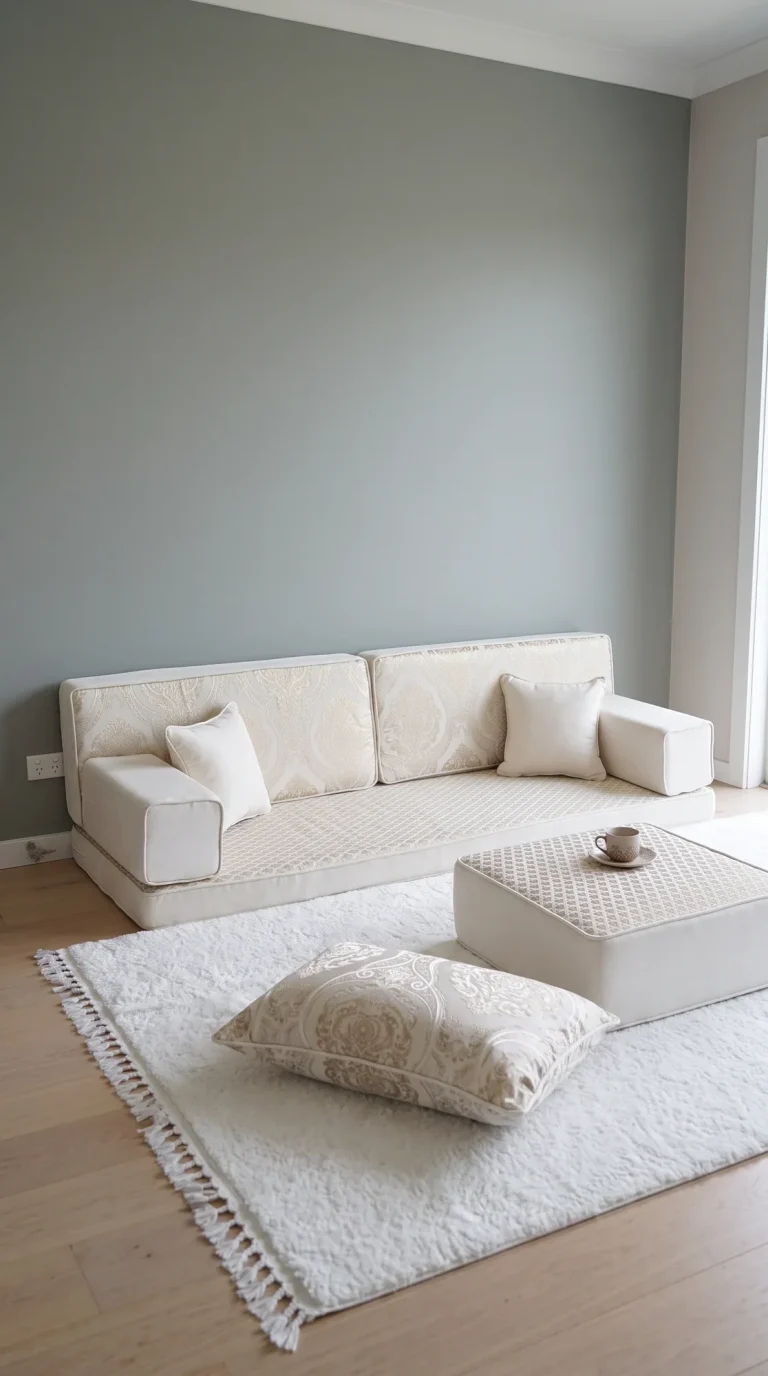 White and cream damask diwan floor sofa with ottoman and floor cushion on a shaggy rug against a grey wall
