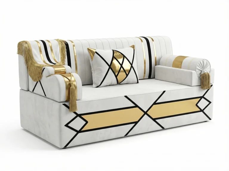White velvet Arabic majlis unit with black-outlined gold arrow panels, a gold fringe throw and gold tassels