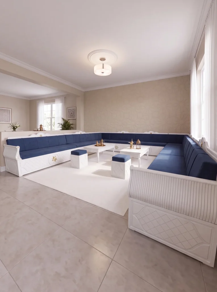 White wooden U-shaped Arabic jalsa with navy velvet cushions, two tables and two ottomans, from the right