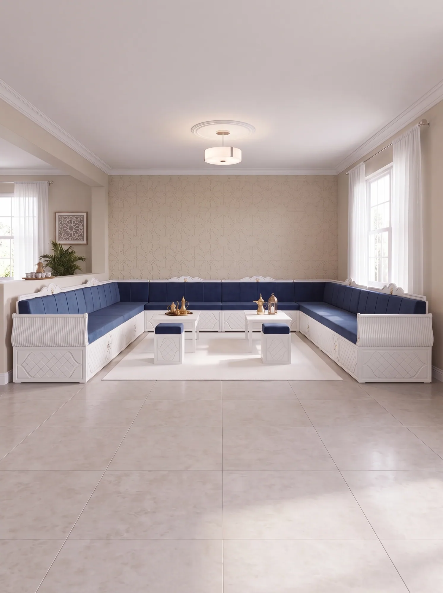 Symmetric front view of a white-framed navy majlis seating set in a U shape with twin coffee tables