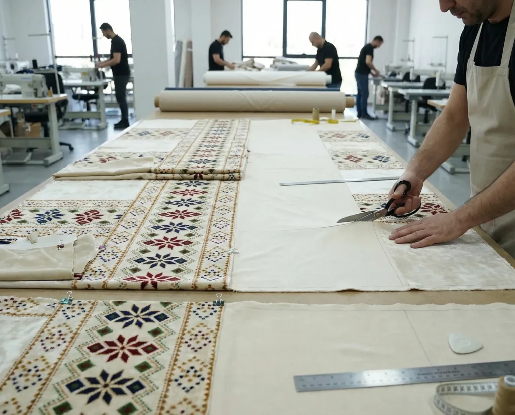 Worker cutting cream star-pattern upholstery fabric with scissors on a long workshop cutting table