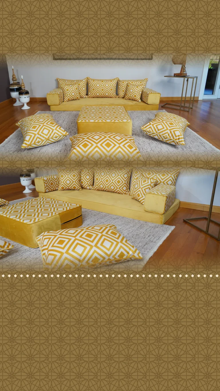 Mustard yellow Arabic floor couch with white diamond-pattern cushions, pouf and three floor cushions