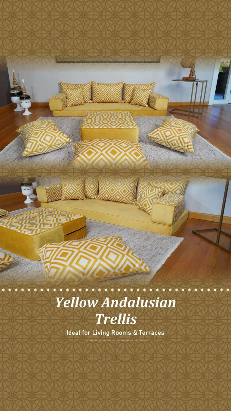 Yellow trellis-pattern floor seating set in a living room, seen straight on and from a low side angle